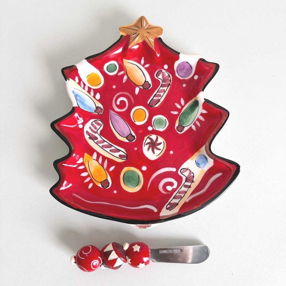 Clay Art Navidad Christmas Tree Serving Dish and Ornament Spreader Set 2004